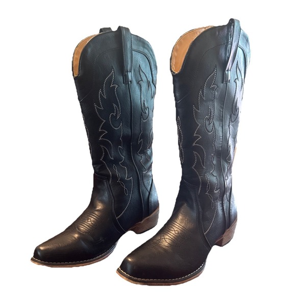IUV CB048-BK Black Western Cowboy Boots Men US 11‎ Embroidered Square Toe